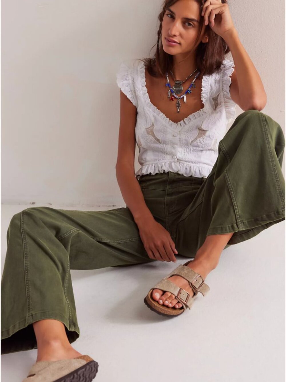 Free People Libre Wide Leg Pants – Olive Green High Rise (Size 27) - Picture 3 of 4